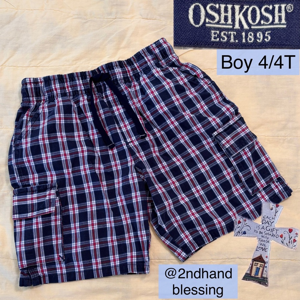 Vintage EUC OshKosh Boys Plaid Cargo Shorts Sz 4/4T, Drawstring Waist, Blue Red